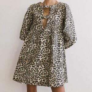 NEW Aaron & Amber Leopard Boho Peplum Mini Dress Tie Front Puff Sleeves Size S